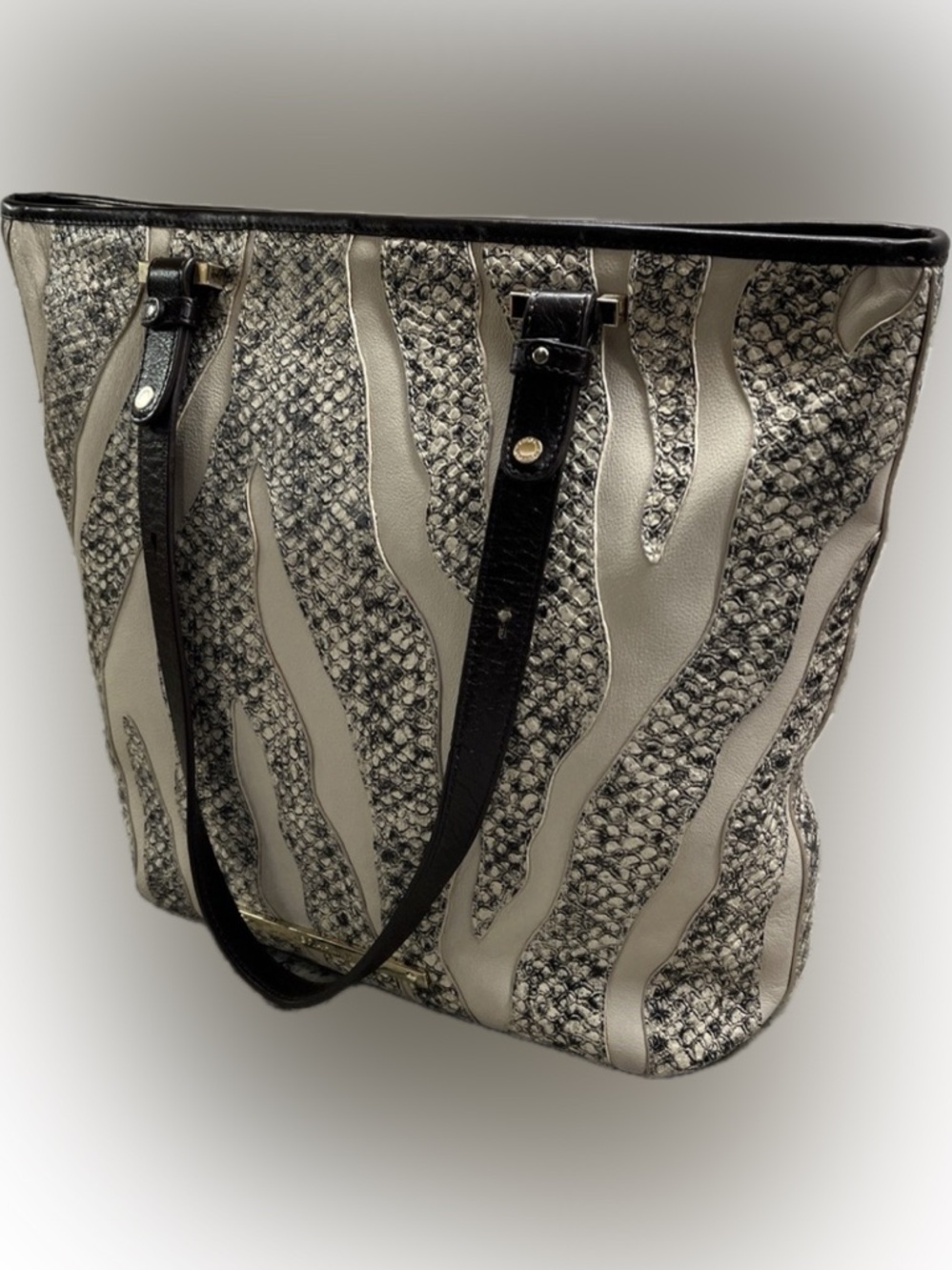 ✨ BRAHMIN Medium Asher Tote Bag Creme Solmar Grey Black Snake Python Leather✨